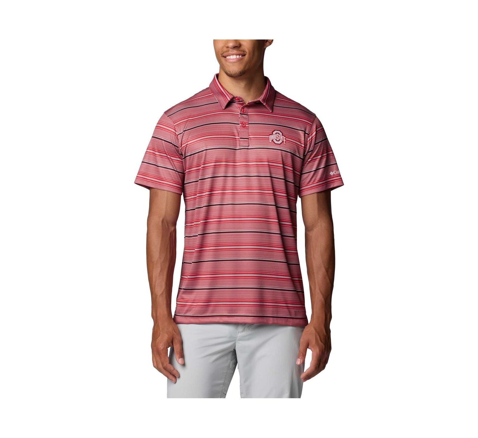 Columbia Men's Scarlet Ohio State Buckeyes PFG Super Terminal Tackle™ Omni-Shade™ Stripe Polo Shirt
