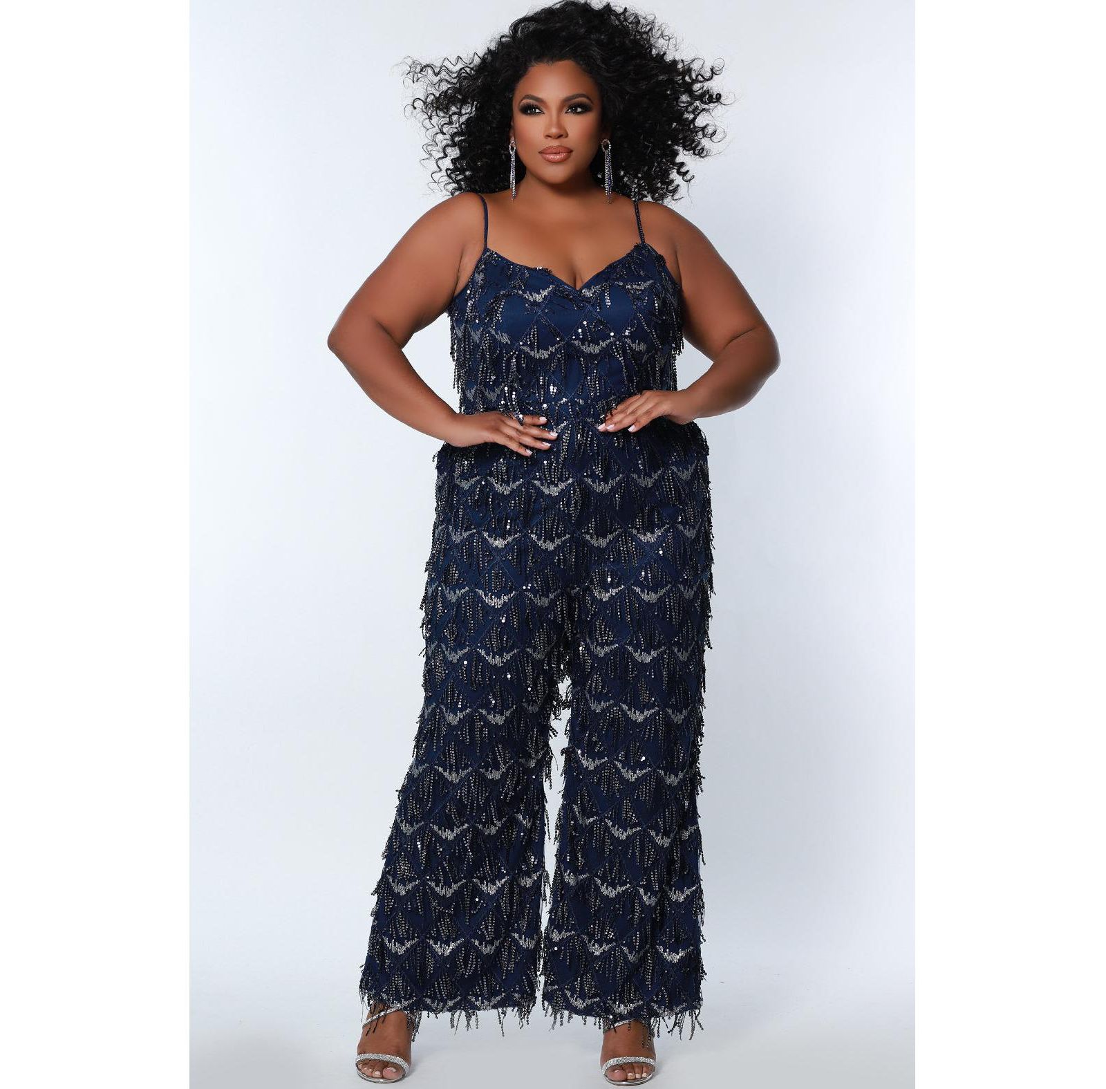 Sydney's Closet Women's Spaghetti Strap Sequin fringe Jumpsuit