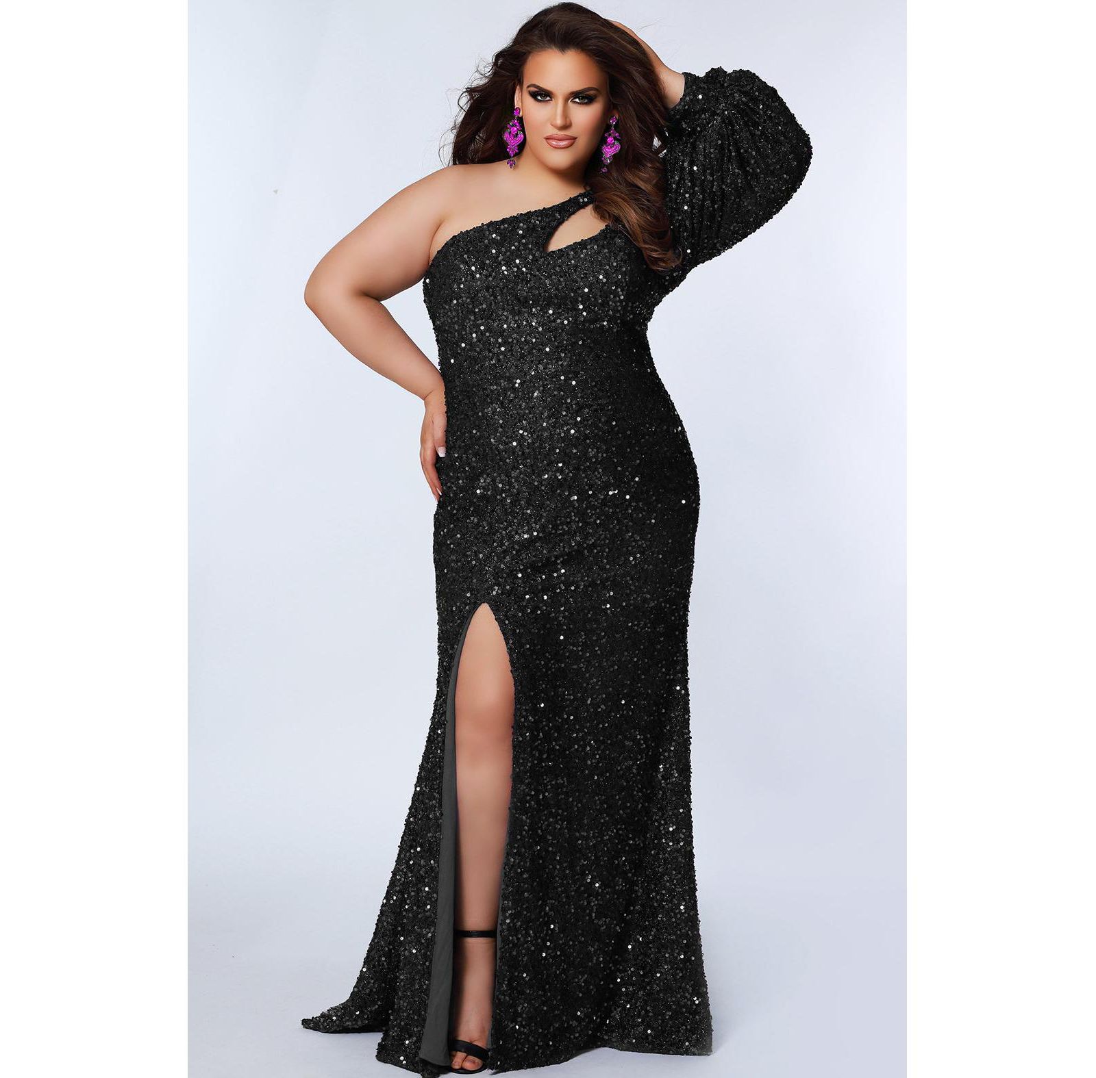 Sydney's Closet Женское вечернее платье Plus Size One-Shoulder Pouf Sleeve Sequin