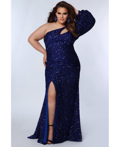 Sydney's Closet Женское вечернее платье Plus Size One-Shoulder Pouf Sleeve Sequin