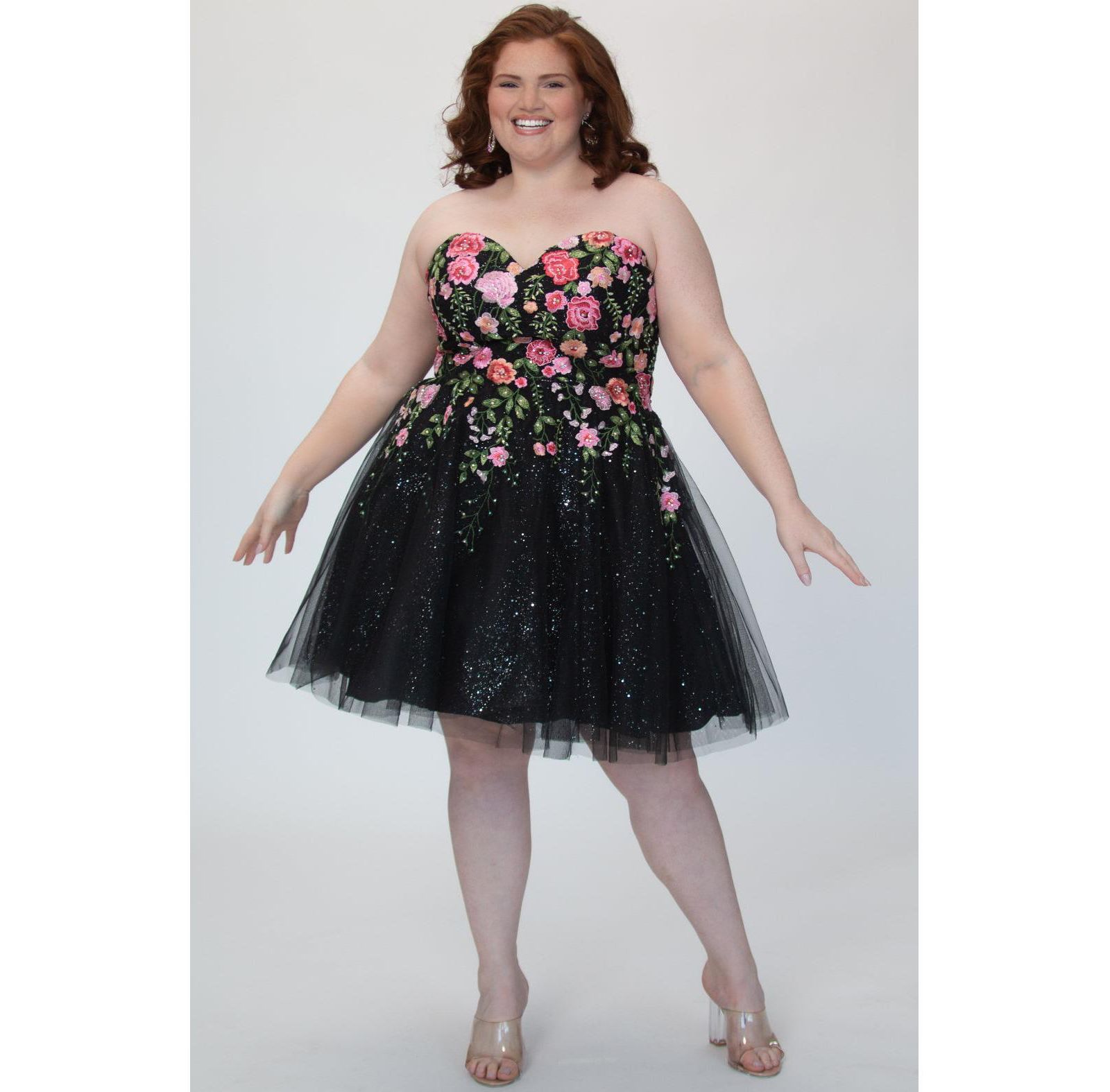 Короткое праздничное платье Sydney's Closet Plus Size Strapless Floral Embroidered Sparkle Tulle