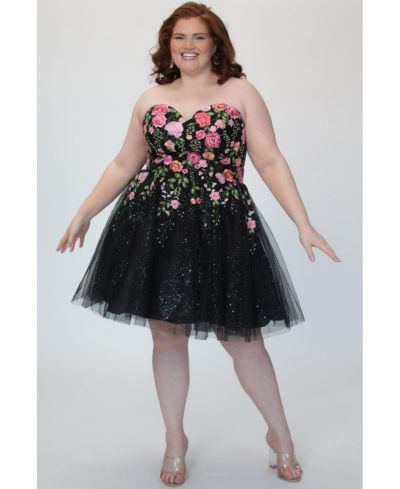 Короткое праздничное платье Sydney's Closet Plus Size Strapless Floral Embroidered Sparkle Tulle
