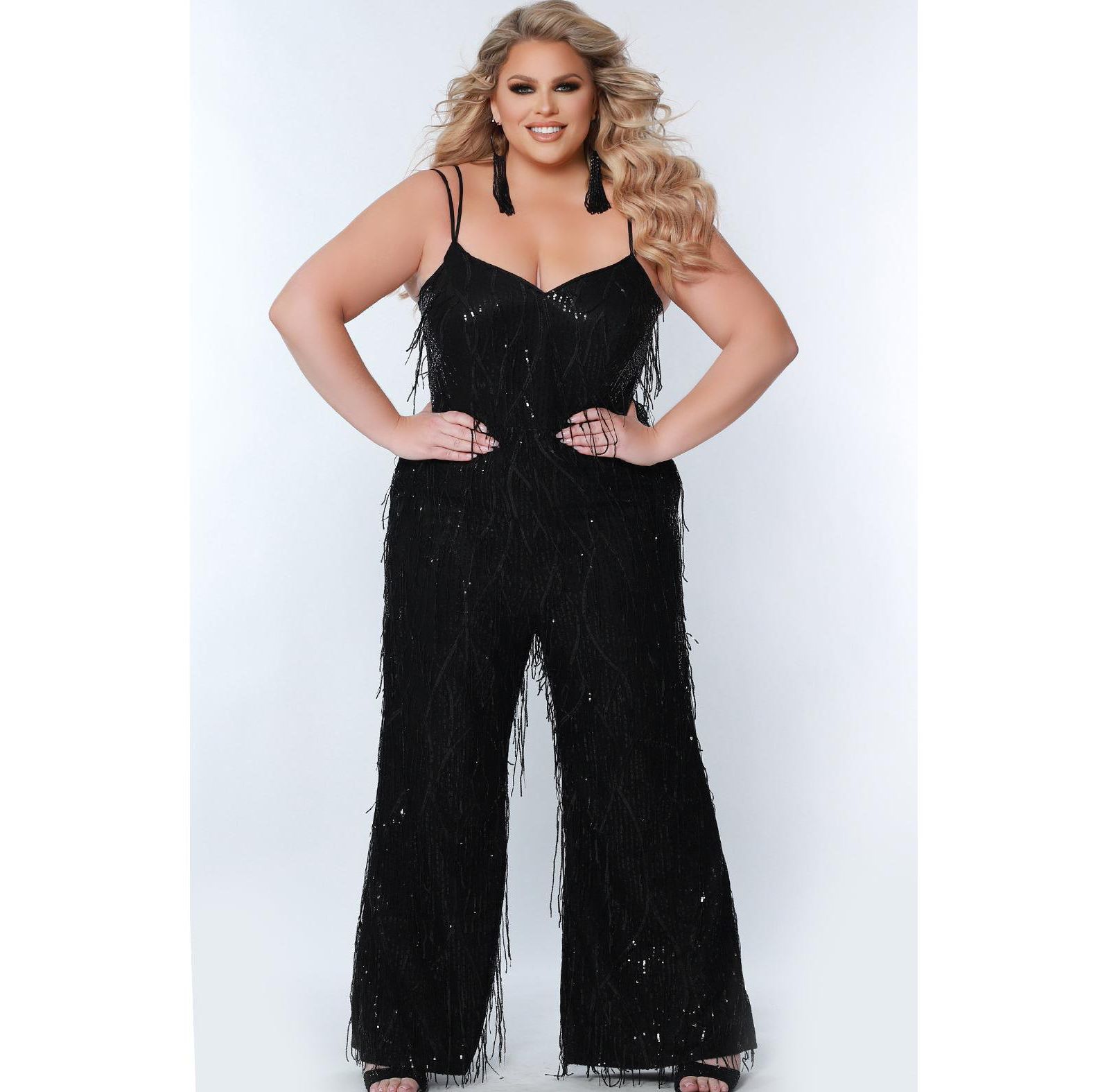 Sydney's Closet Women's Sequin Jumpsuit with Fringe