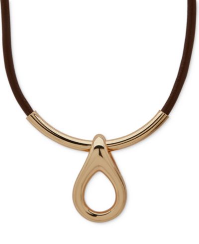 Anne Klein Gold-Tone Rounded Teardrop Leather Pendant Necklace, 16" + 3" extender