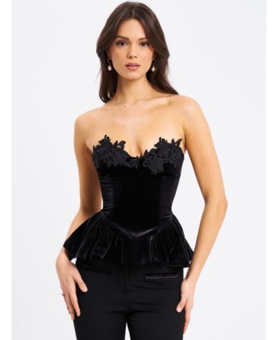 Miss Circle Women's Qiara Black Velvet Peplum Top with Lace Trim