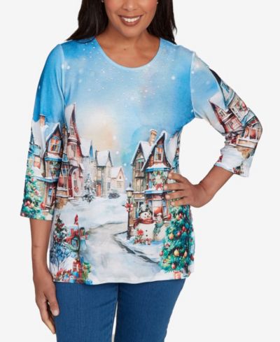 Alfred Dunner Petite Snow Cabin Scene Top