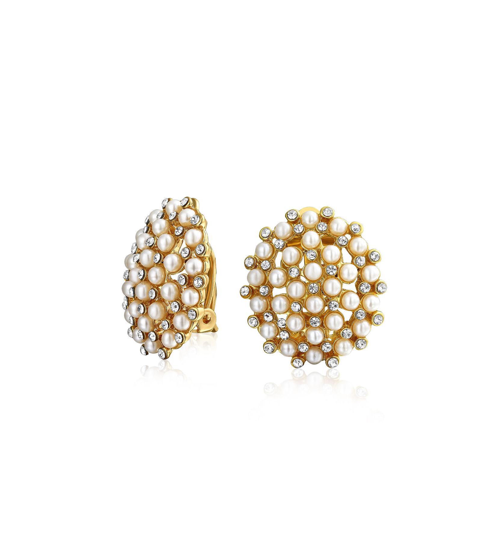 Круглые серьги-клипсы Bling Jewelry в стиле ар-деко с цветочным орнаментом, имитация белого жемчуга, позолота, без прокола