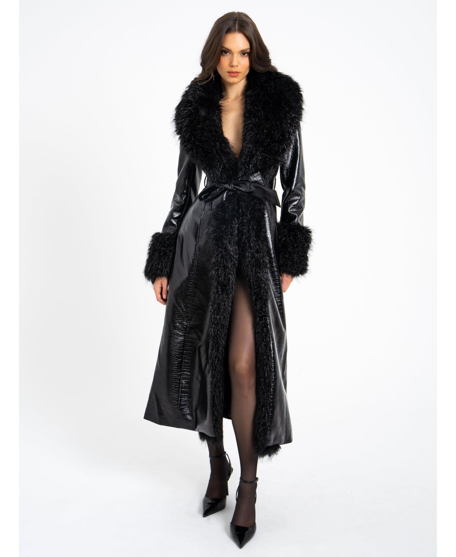 Miss Circle Women's Zella Black Faux Fur Trim Faux Croc Leather Coat