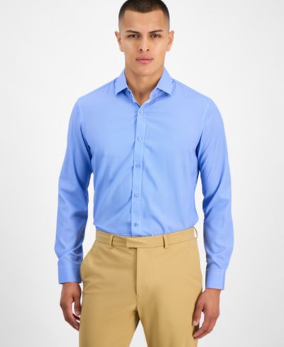 Tom Baine Men's Slim-Fit Performance Four-Way Stretch Mini Plaid Dress Shirt
