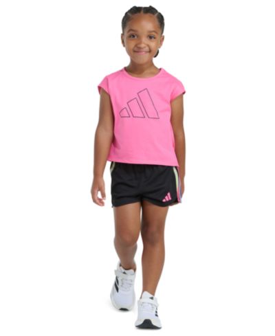 adidas Girls' 2T-6X Short-Sleeve Back Pleated T-Shirt and Mesh Shorts, 2-Piece Set
