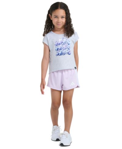 adidas Girls' 2T-6X Short-Sleeve Back Pleated Heather T-Shirt and Mesh Shorts, 2-Piece Set