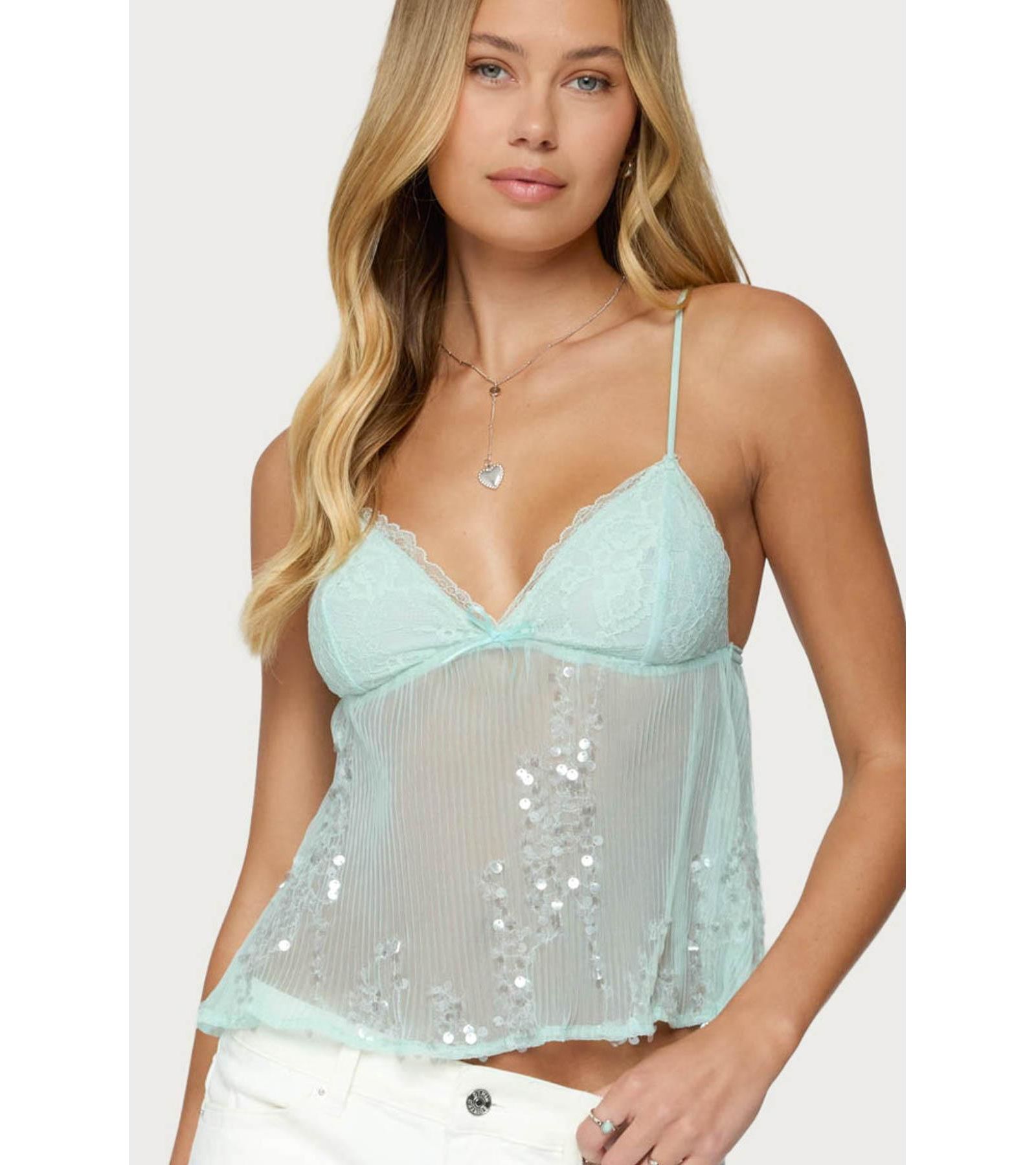 Edikted Women's Sequin Sheer Mesh Babydoll Top