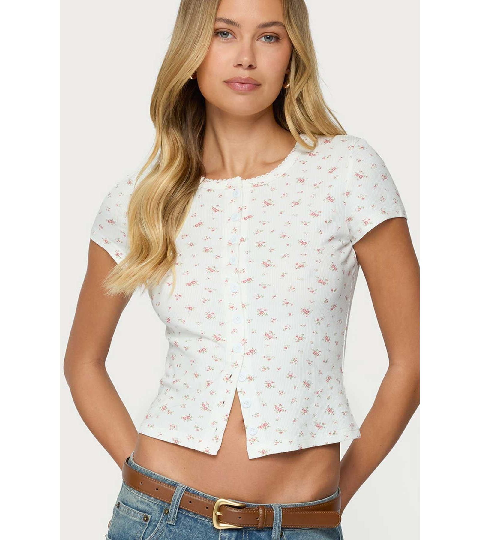 Edikted Women's Odella Floral Ribbed Button Up Top