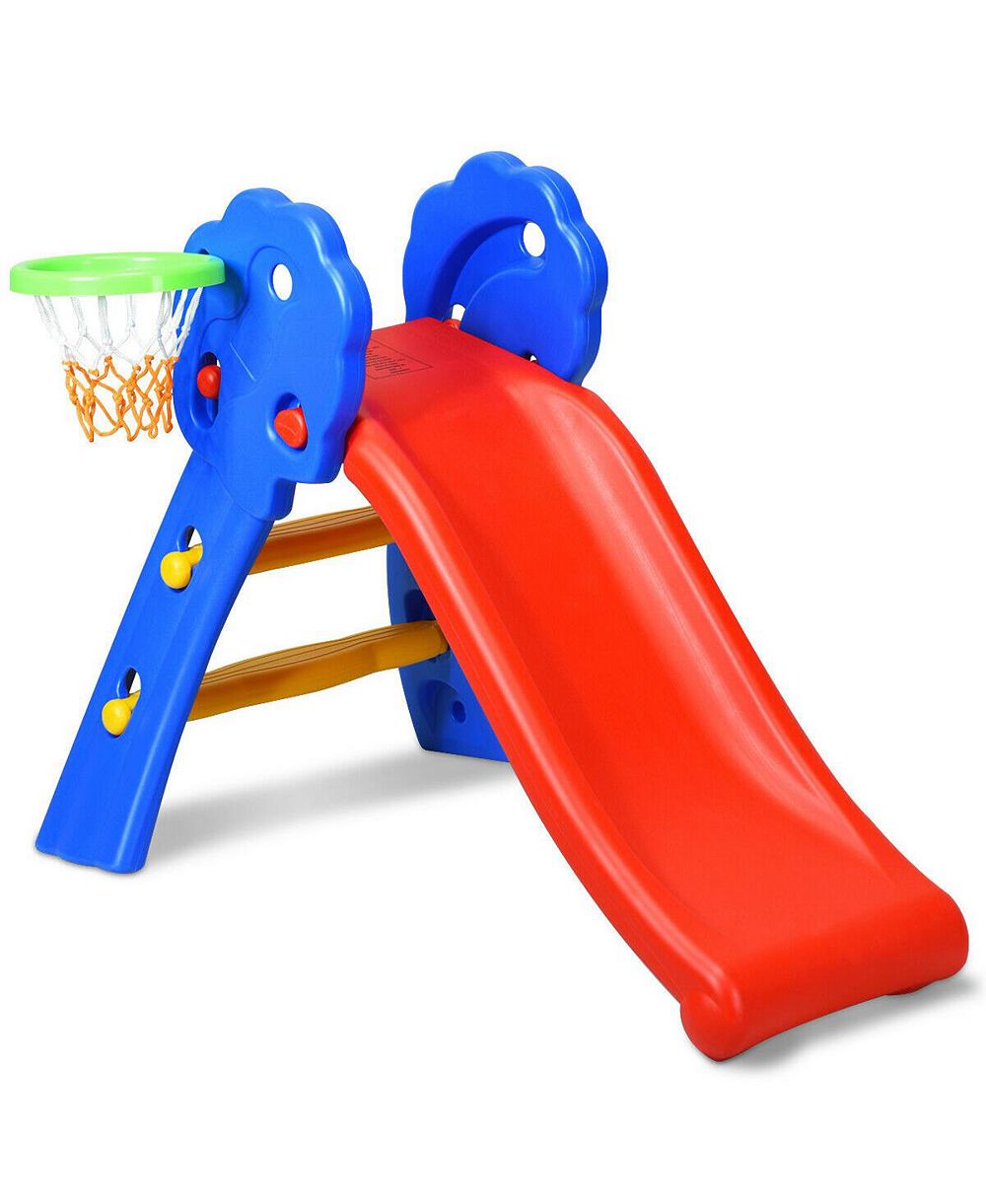 Gymax 2 Step Children Folding Slide w/ Basketball Hoop For Kids Indoor and Outdoor