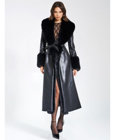 Женское пальто Miss Circle Zaida Black Faux Fur Trim Black Faux Leather