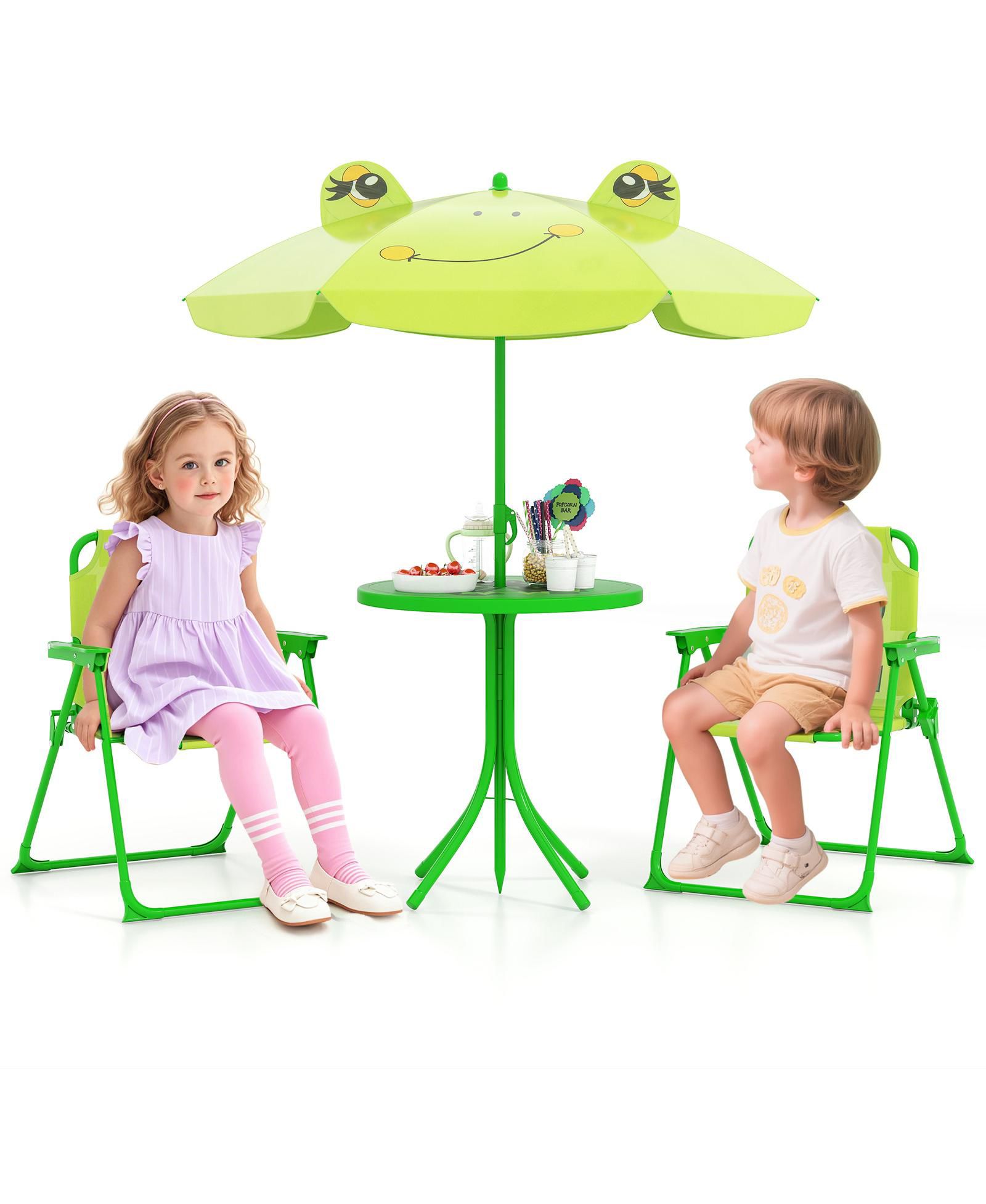 Gymax Kids Picnic Table and Chair Set w/ 2 Folding Chairs and Height Adjustable Umbrella