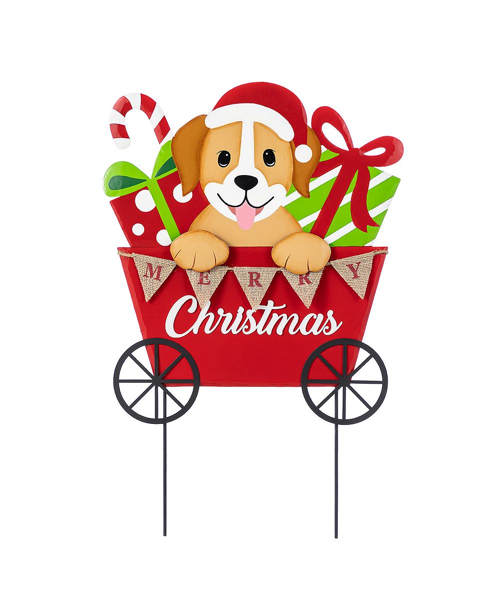 Glitzhome Декоративный садовый указатель Christmas Dog and Gift Cart 24"