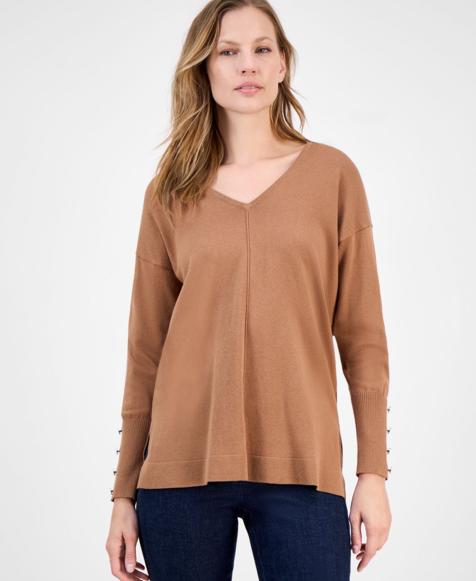 AK Anne Klein Women's Button-Cuff V-Neck Top