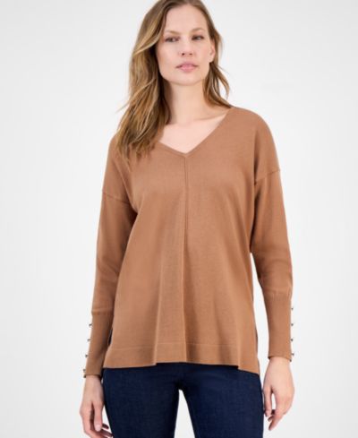 AK Anne Klein Women's Button-Cuff V-Neck Top