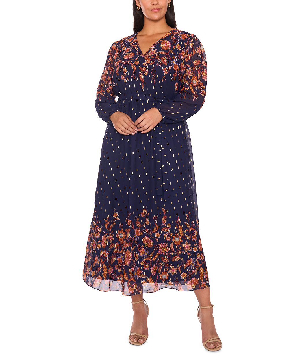 MSK Plus Size Placement Print V-Neck Maxi Dress