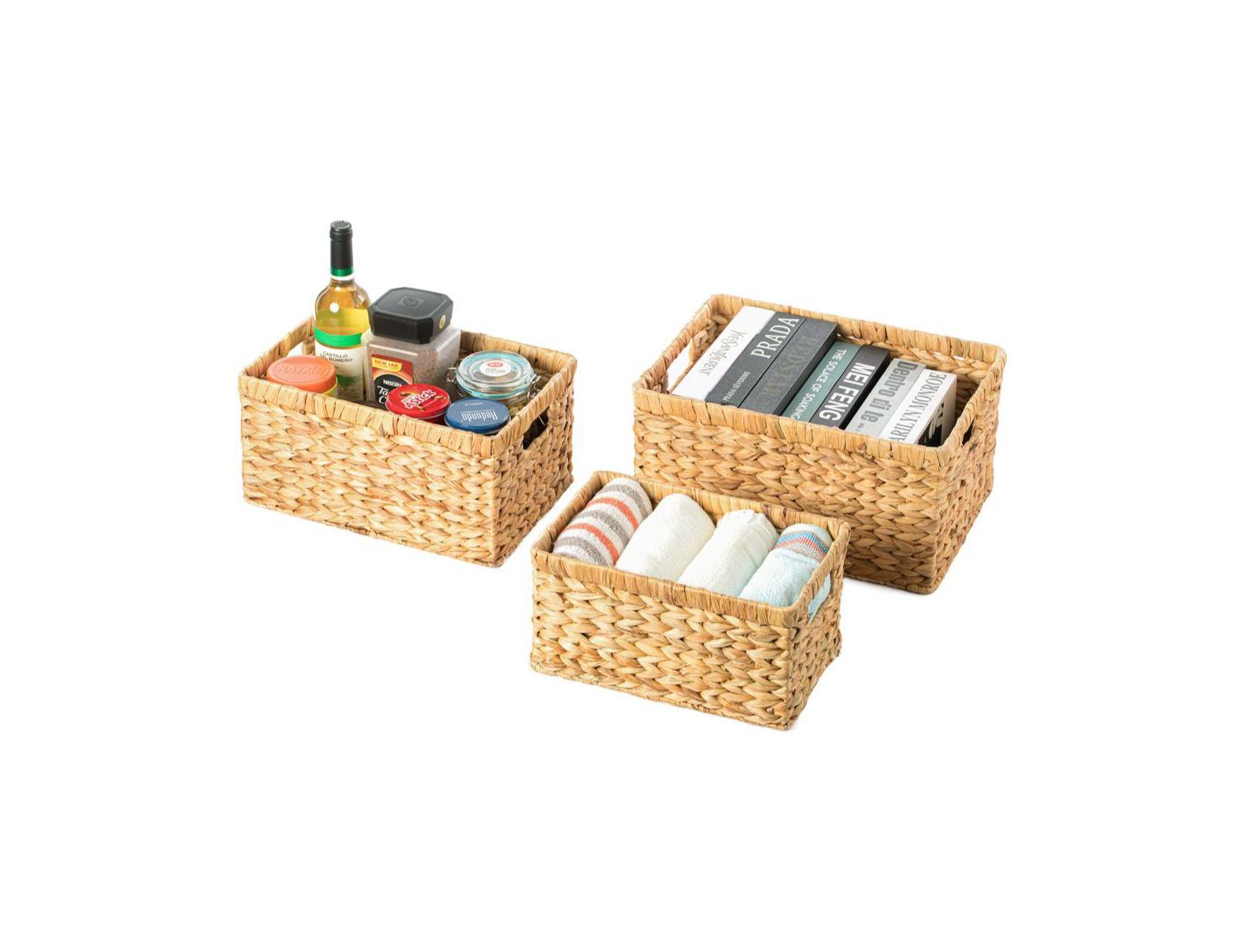 Wickerwise Natural Woven Water Hyacinth Wicker Rectangular Storage Bin Basket with Handles, Set of 3