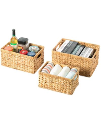 Wickerwise Natural Woven Water Hyacinth Wicker Rectangular Storage Bin Basket with Handles, Set of 3