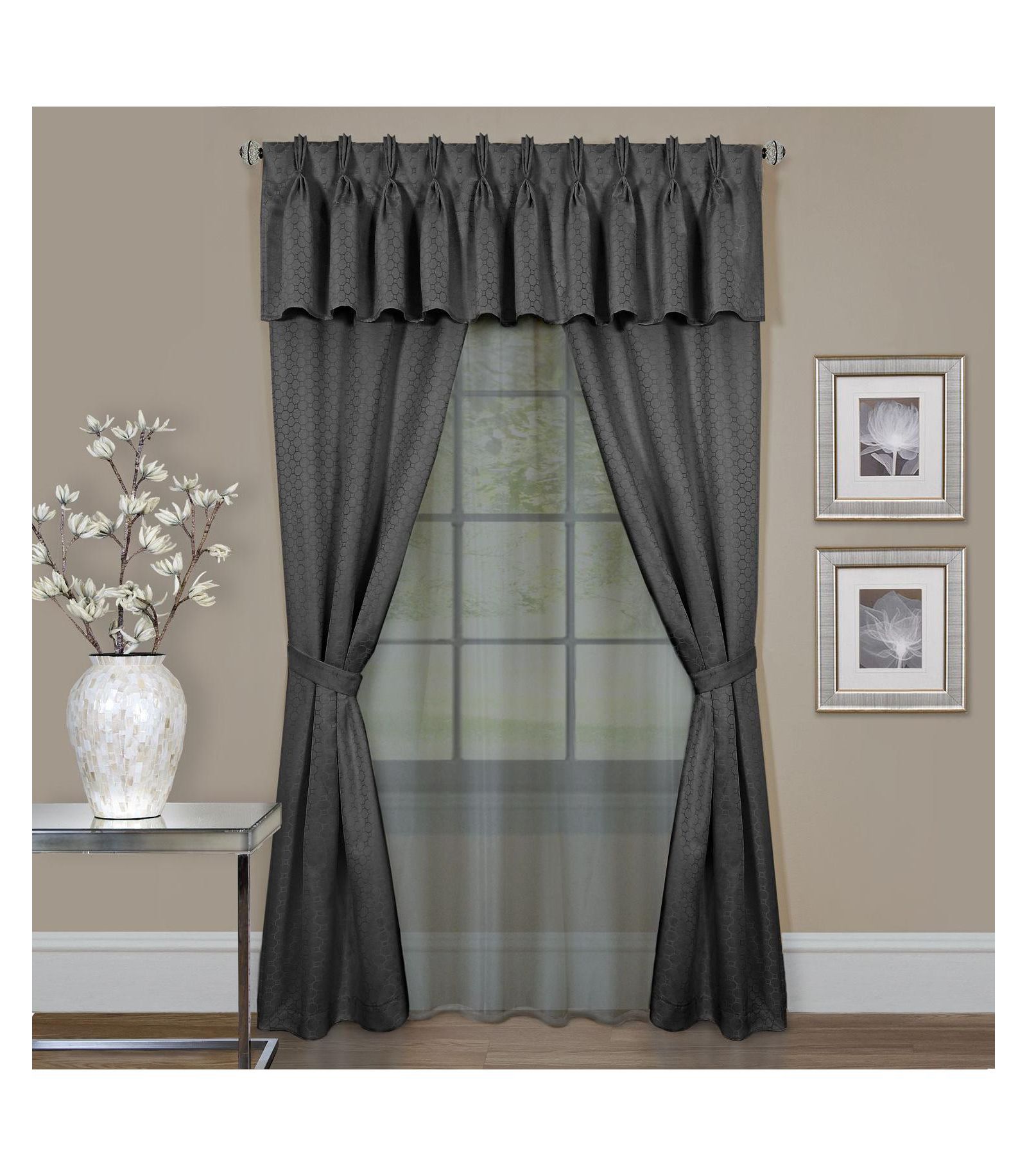 Kate Aurora Complete 6 Piece Attached Custom Jacquard & Sheer Window Curtain Set
