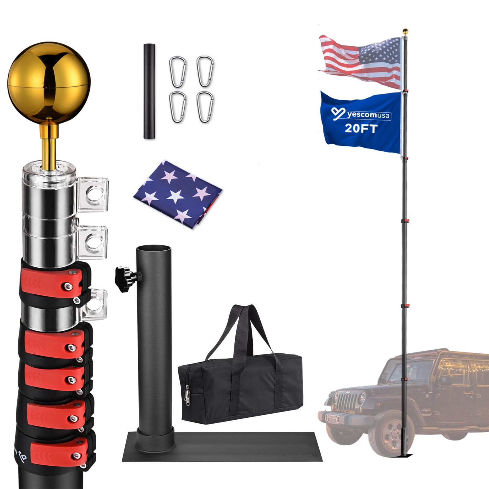 Yescom EZ GO 20ft Telescopic Flag Pole Kit Wheel Tire Mount Stand Upgrade Rotating Lock Outdoor Camper RV Tailgate