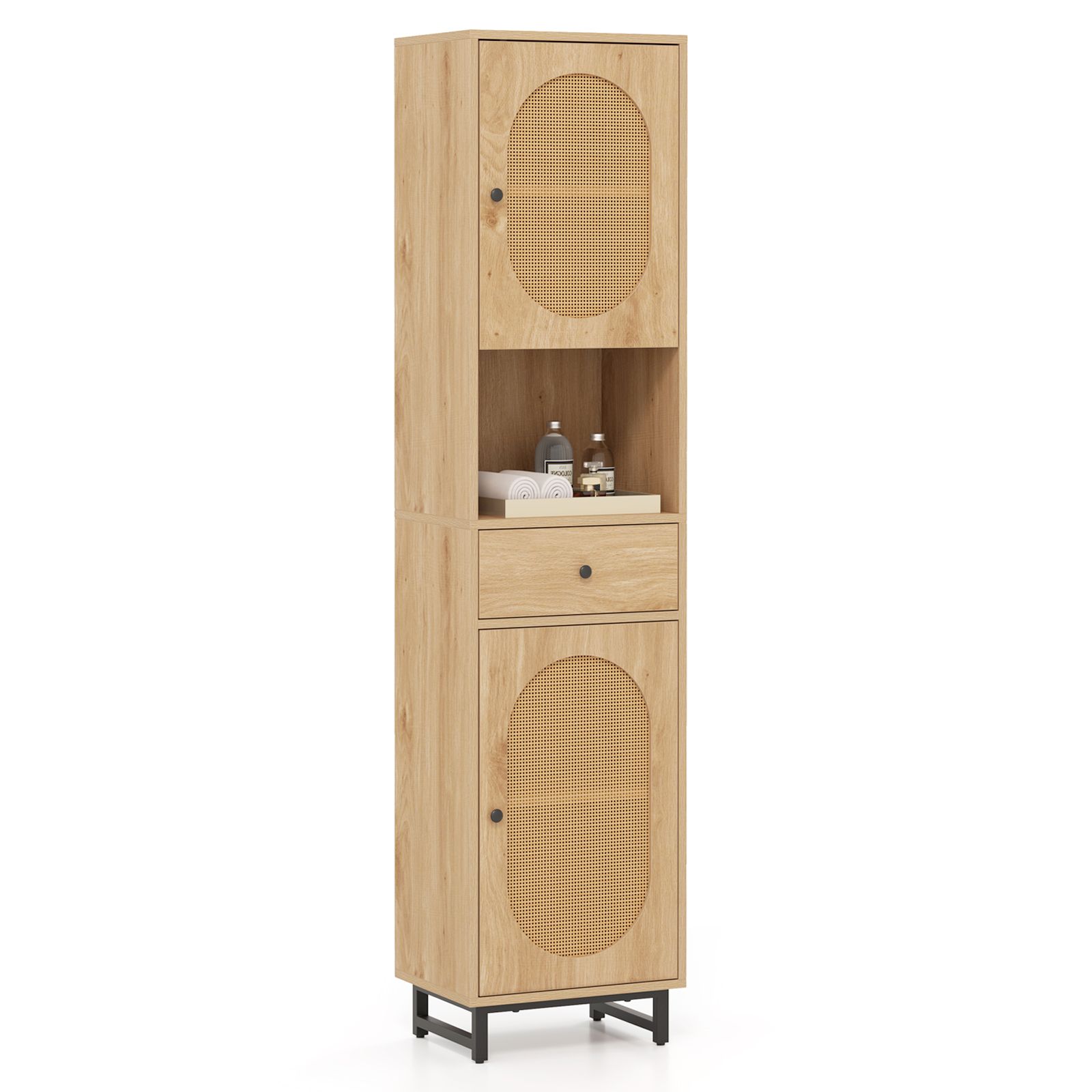 67" Tall Bathroom Cabinet with 2 Doors Open Compartment Drawer
