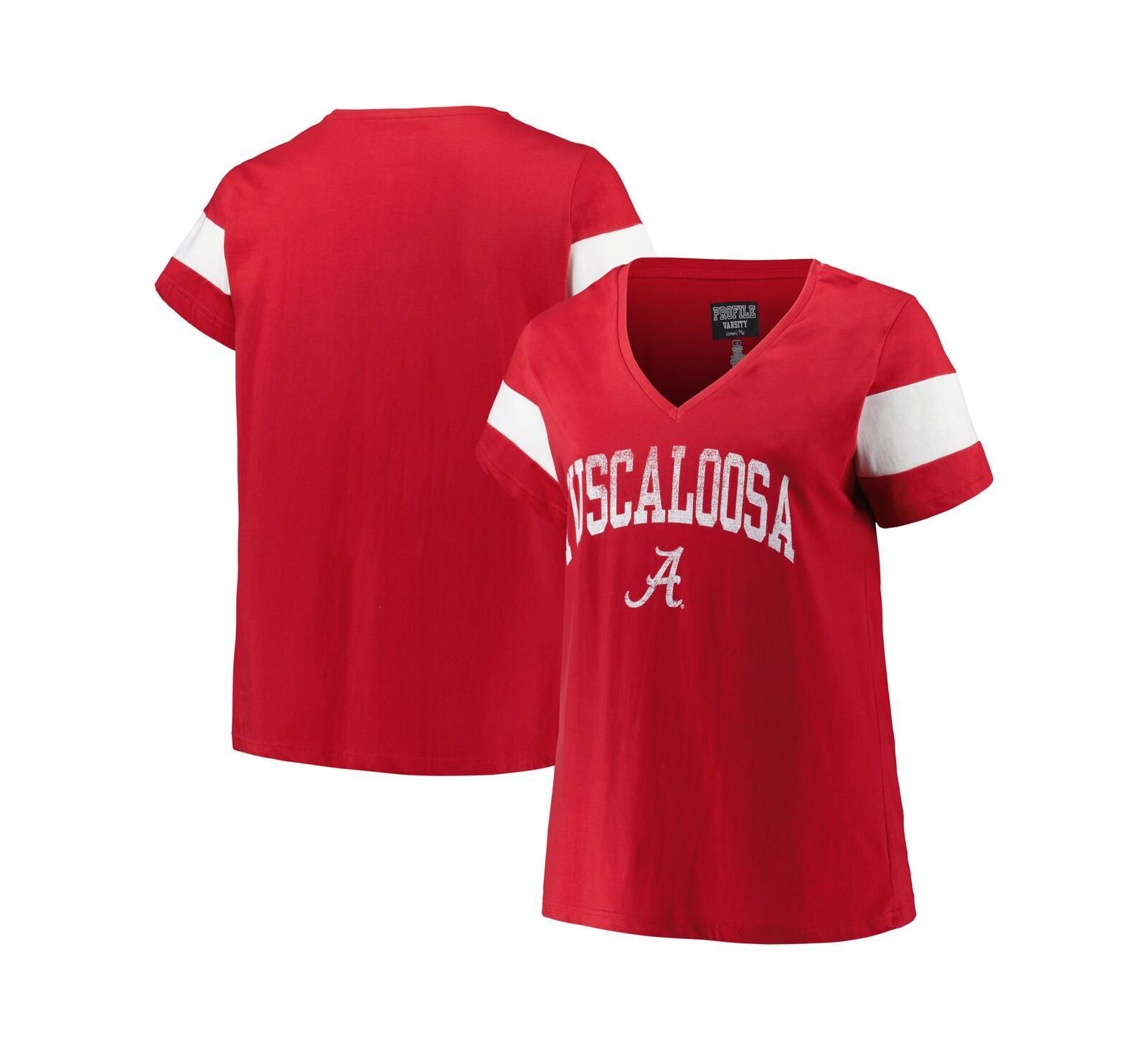 Женская футболка Profile Alabama Crimson Tide Plus Size с V-образным вырезом и полосками на рукавах, меланж малиновый