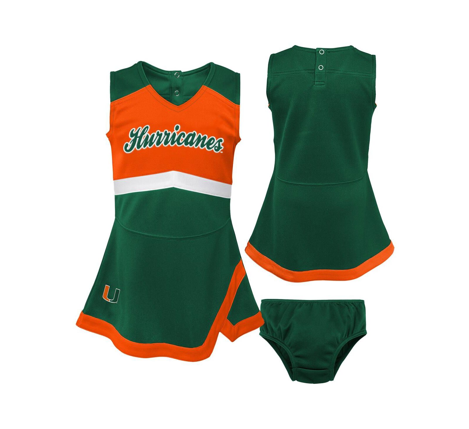 Outerstuff Girls Preschool Green Miami Hurricanes Two-Piece Cheer Captain Jumper Dress Bloomers Set