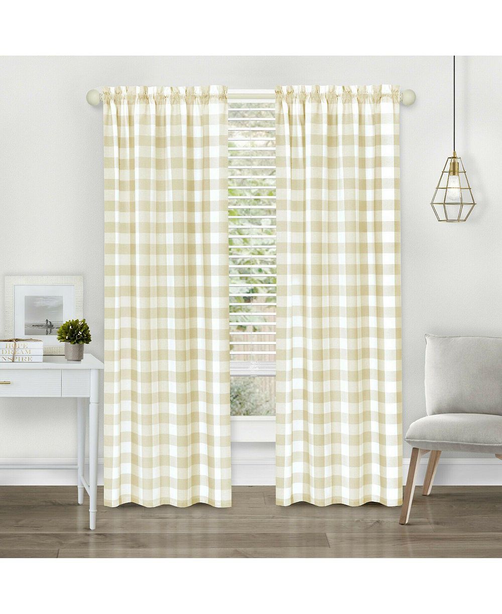 Kate Aurora Modern Farmhouse 2 Piece Large Buffalo Plaid Check Rod Pocket Curtains - 84 in - Gray