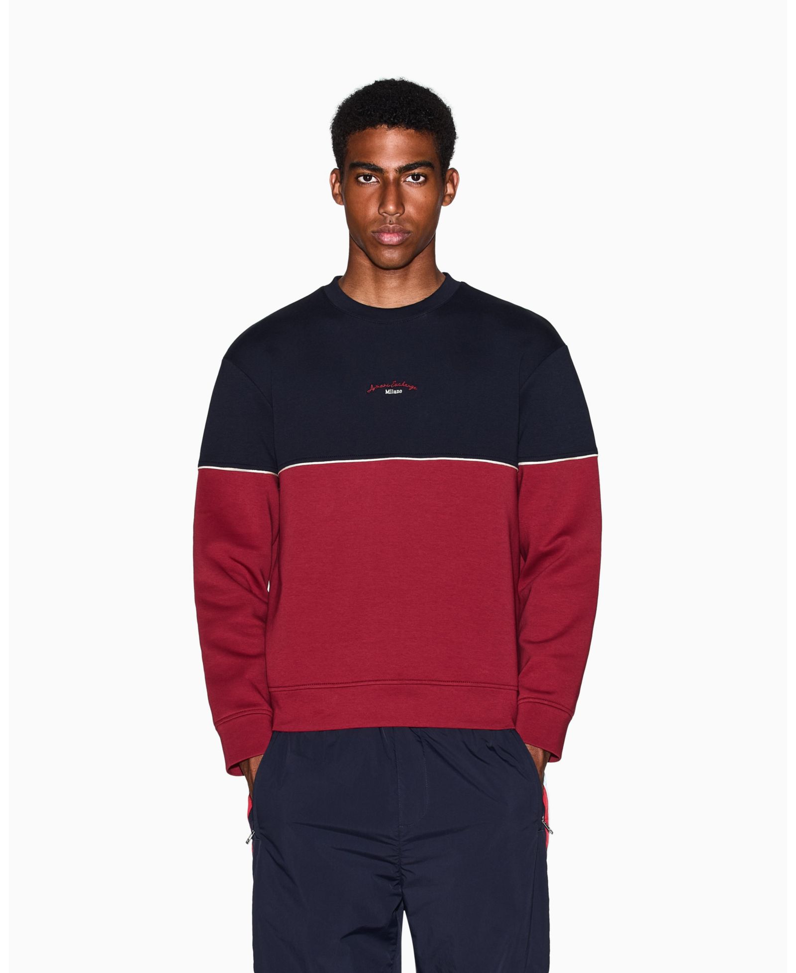 A|X Armani Exchange Men's Color Block Embroidered Center Logo Crewneck Sweatshirt