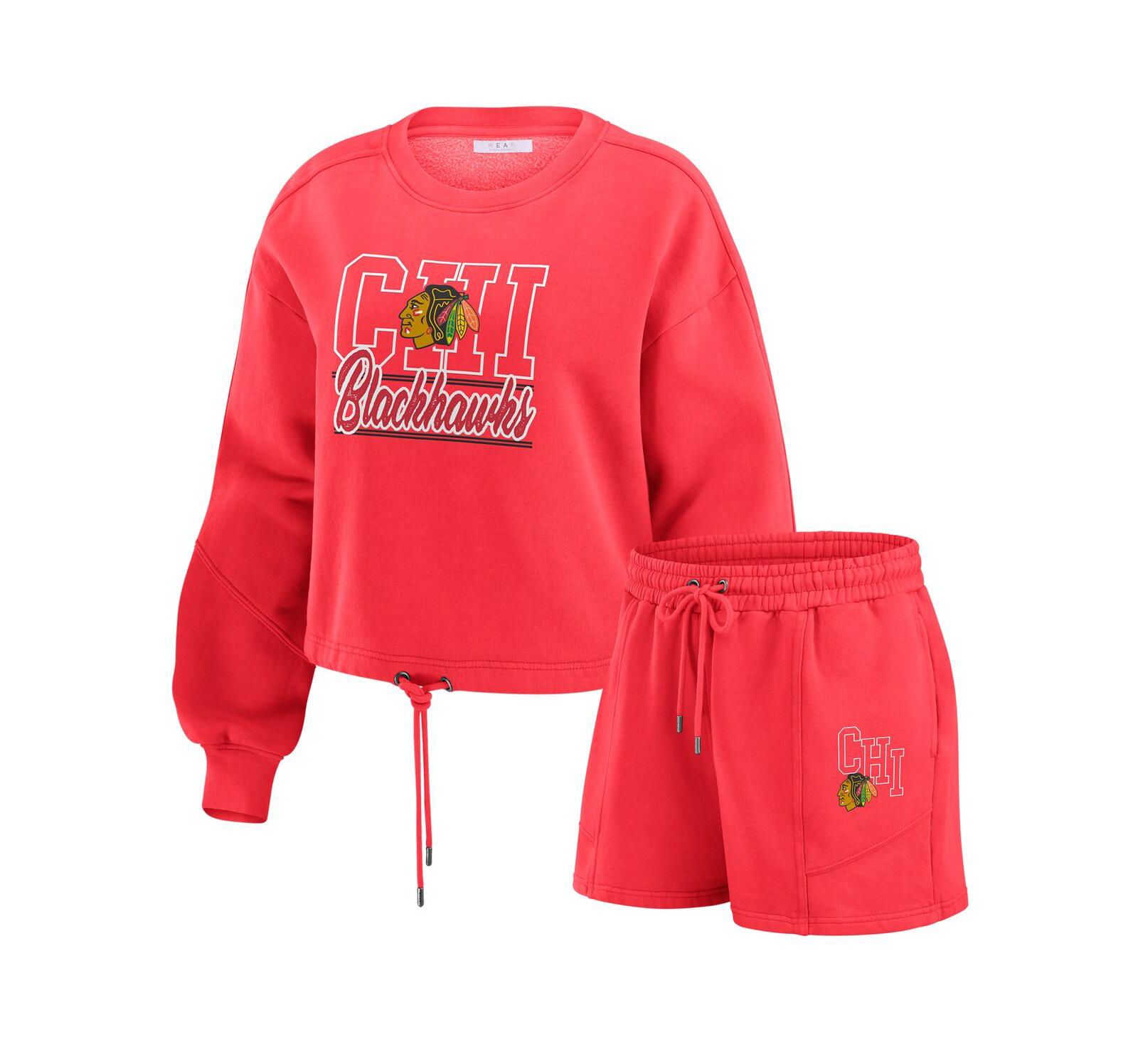 Женский комплект WEAR by Erin Andrews 2-Piece Red Chicago Blackhawks Washed Fleece Sweatshirt и шорты для отдыха