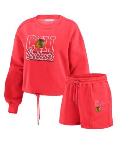 Женский комплект WEAR by Erin Andrews 2-Piece Red Chicago Blackhawks Washed Fleece Sweatshirt и шорты для отдыха