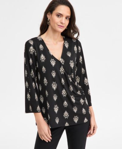 JM Collection Petite Dani Geo 3/4-Sleeve Knit Dressing Surplice V-Neck Top, Macy's Exclusive