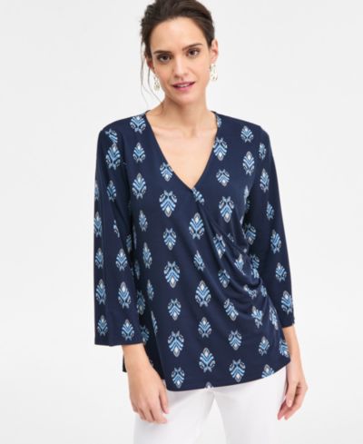 Женский трикотажный топ JM Collection Petite Dani Geo 3/4-Sleeve Surplice V-Neck