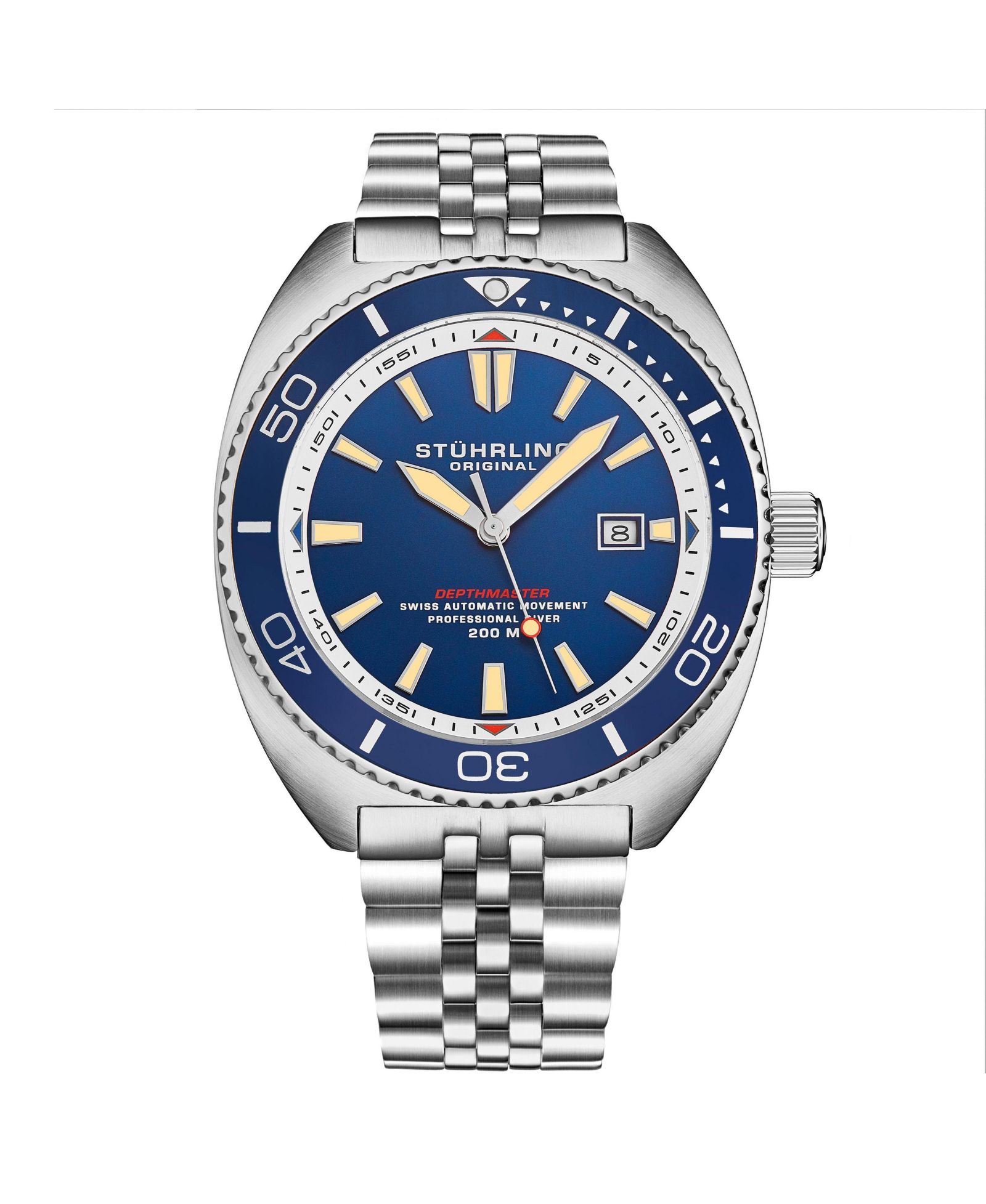 Stuhrling 1008 Men s Automatic Watch Swiss Movement Tonneau Stainless Steel Case Blue Dial Jubilee Bracelet 200M Water Resistant Date Window Diver