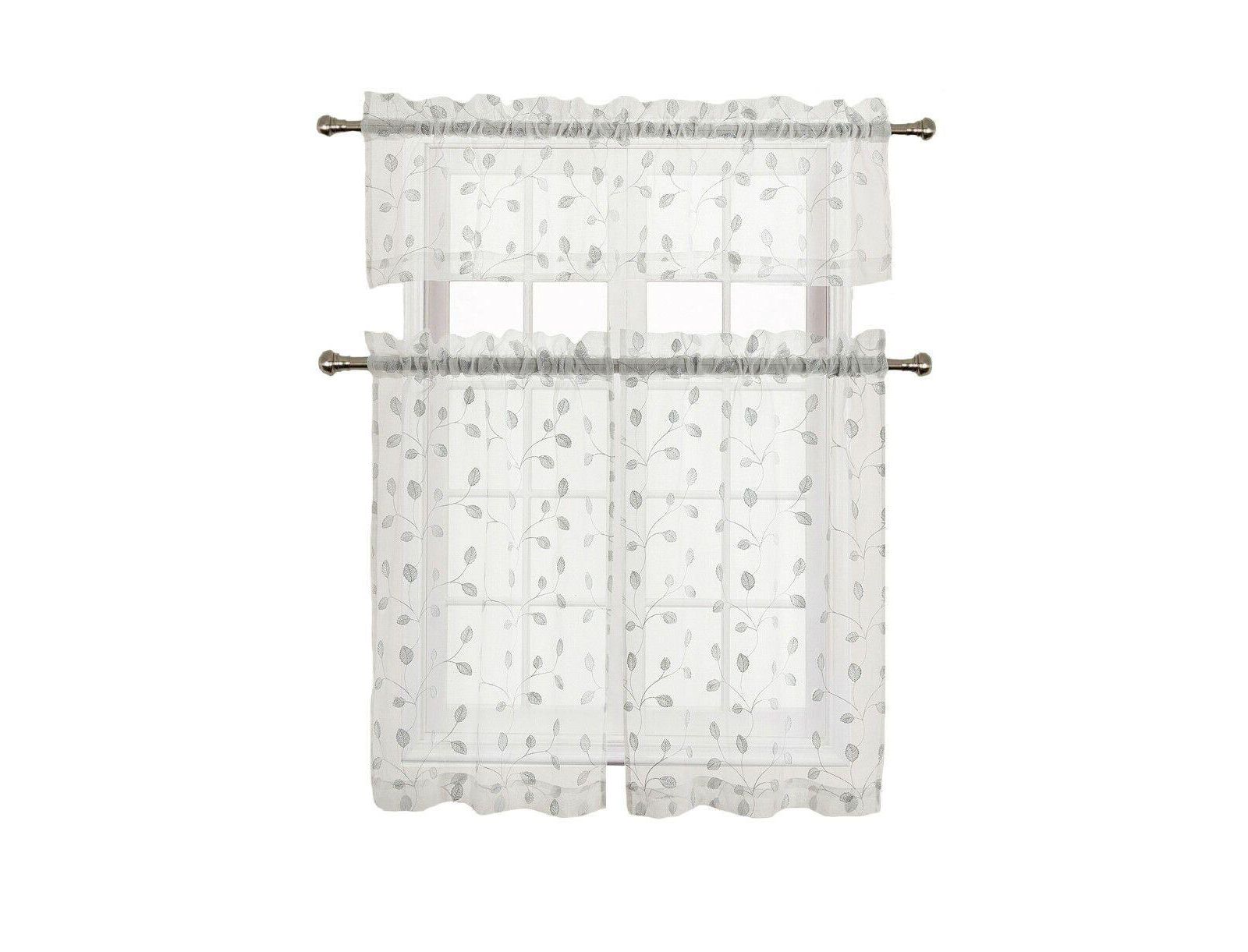Kate Aurora GoodGram Adler Metallic Embroidered Leaves 3 Piece Sheer Kitchen Curtain Set - 58 in. W x 36 in. L, White