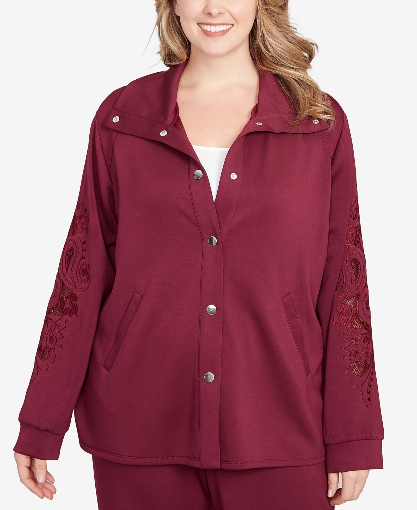 Ruby Rd. Plus Size Embroidered Floral Cutout Snap Jacket
