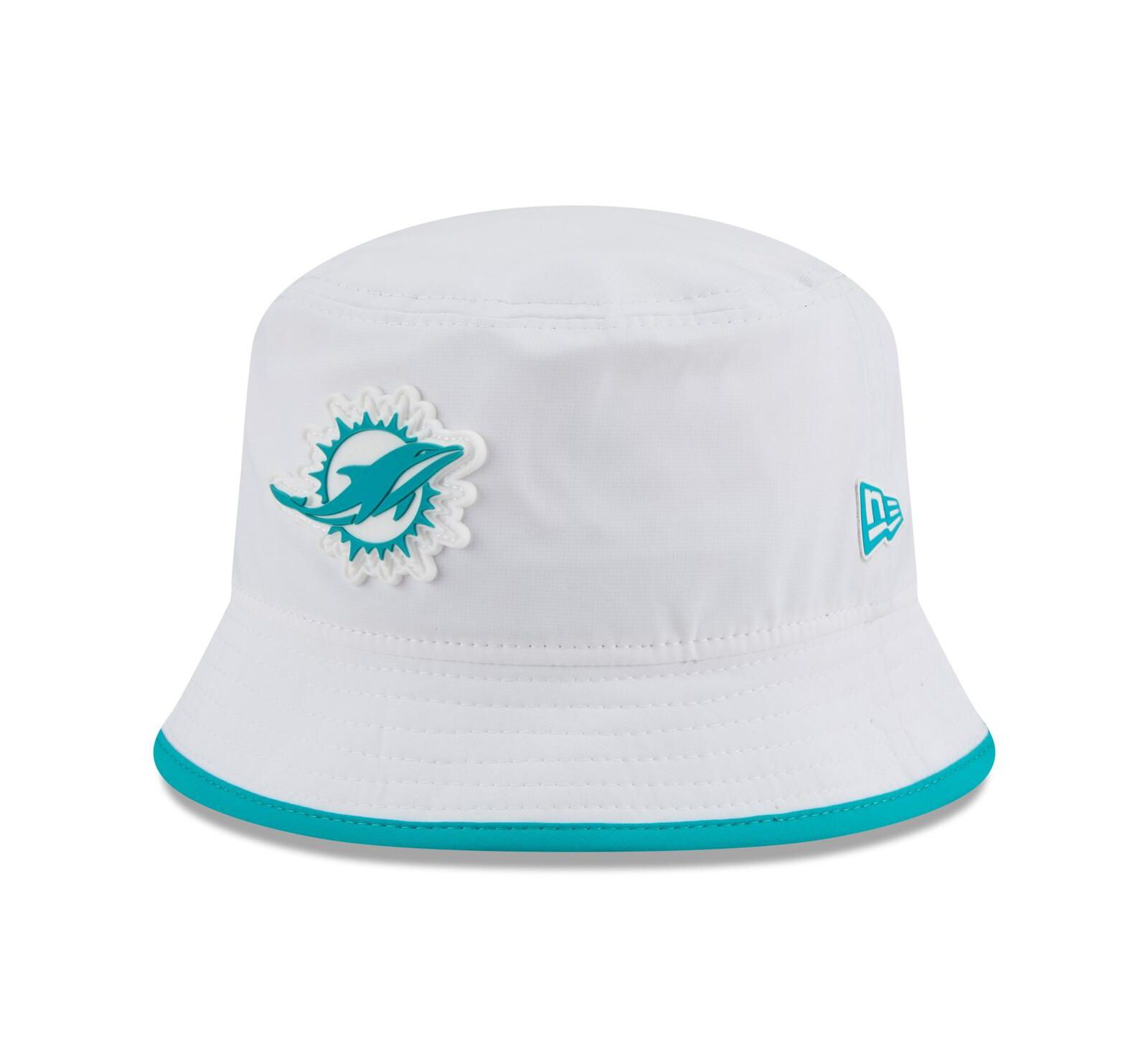 New Era Men's White Miami Dolphins 2025 NFL Training Camp Stretch Bucket Hat