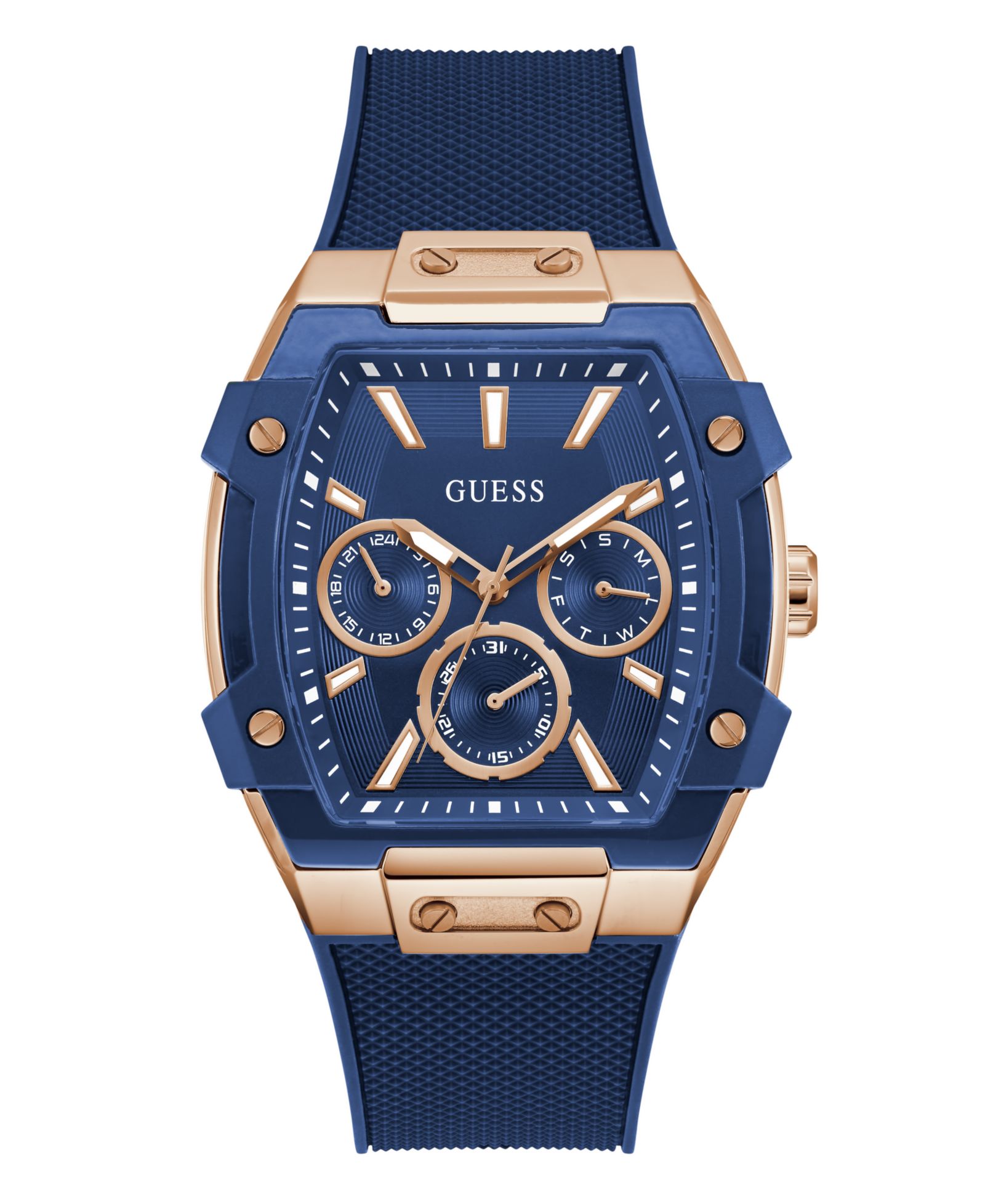 GUESS Men's Blue Rose Gold Tone Multi-function Watch, 44mm