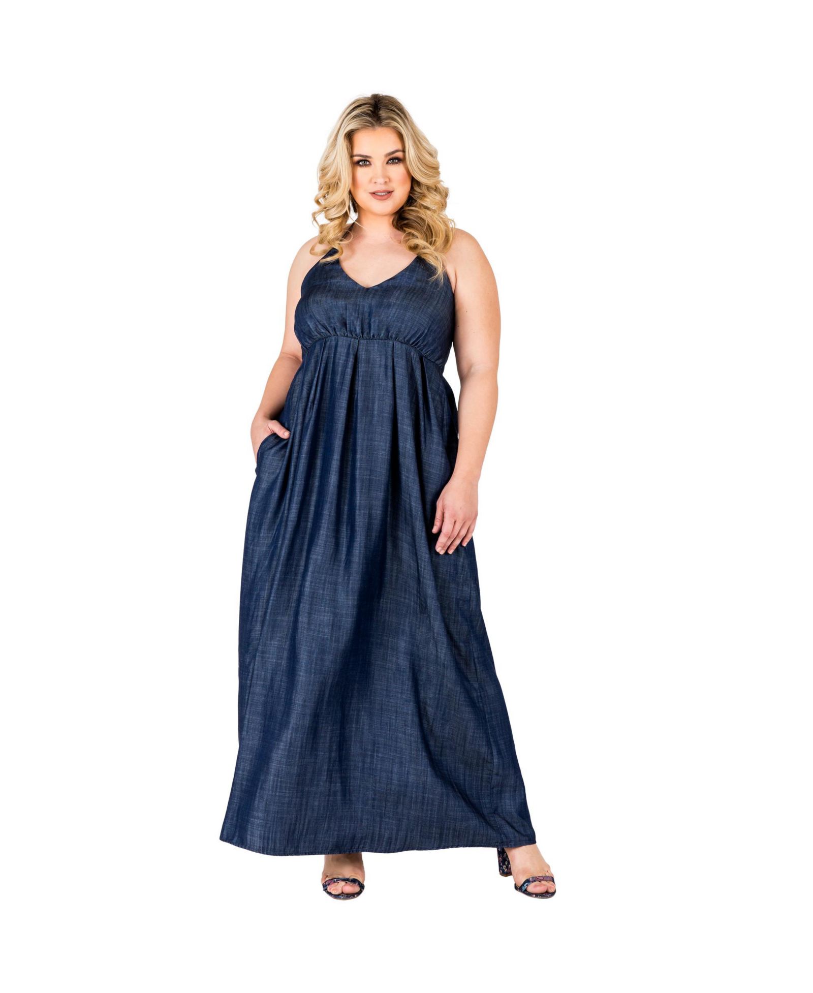 Standards & Practices Plus Size Tencel Denim Halter Neck Maxi Slip Dress