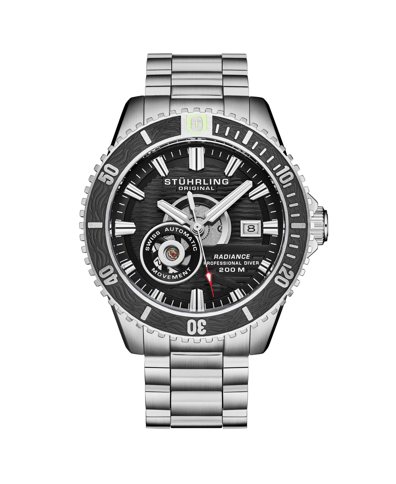 Stuhrling 1013 Men s Automatic Watch Swiss Movement Black Dial Black Bezel Stainless Steel Case and Bracelet 200M Water Resistant Diver Date Window
