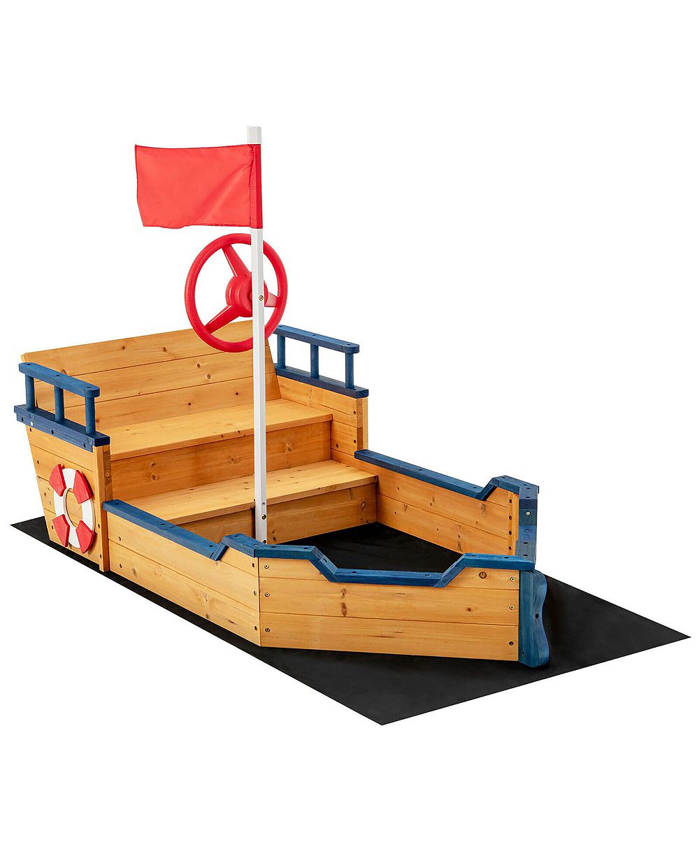 Детский игровой набор Gymax Kids Pirate Boat Wooden Sandbox с тканевым вкладышем