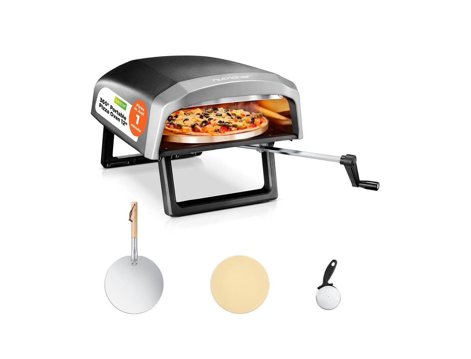 NutriChef 360° Portable Pizza Oven with Rotating Pizza Stone, Rain Cover, Regulator, and Hose