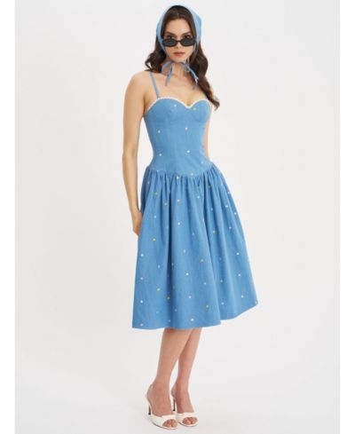 Miss Circle Women's Zadie Cotton Denim Drop Waist Embroidery Flower Midi Dress