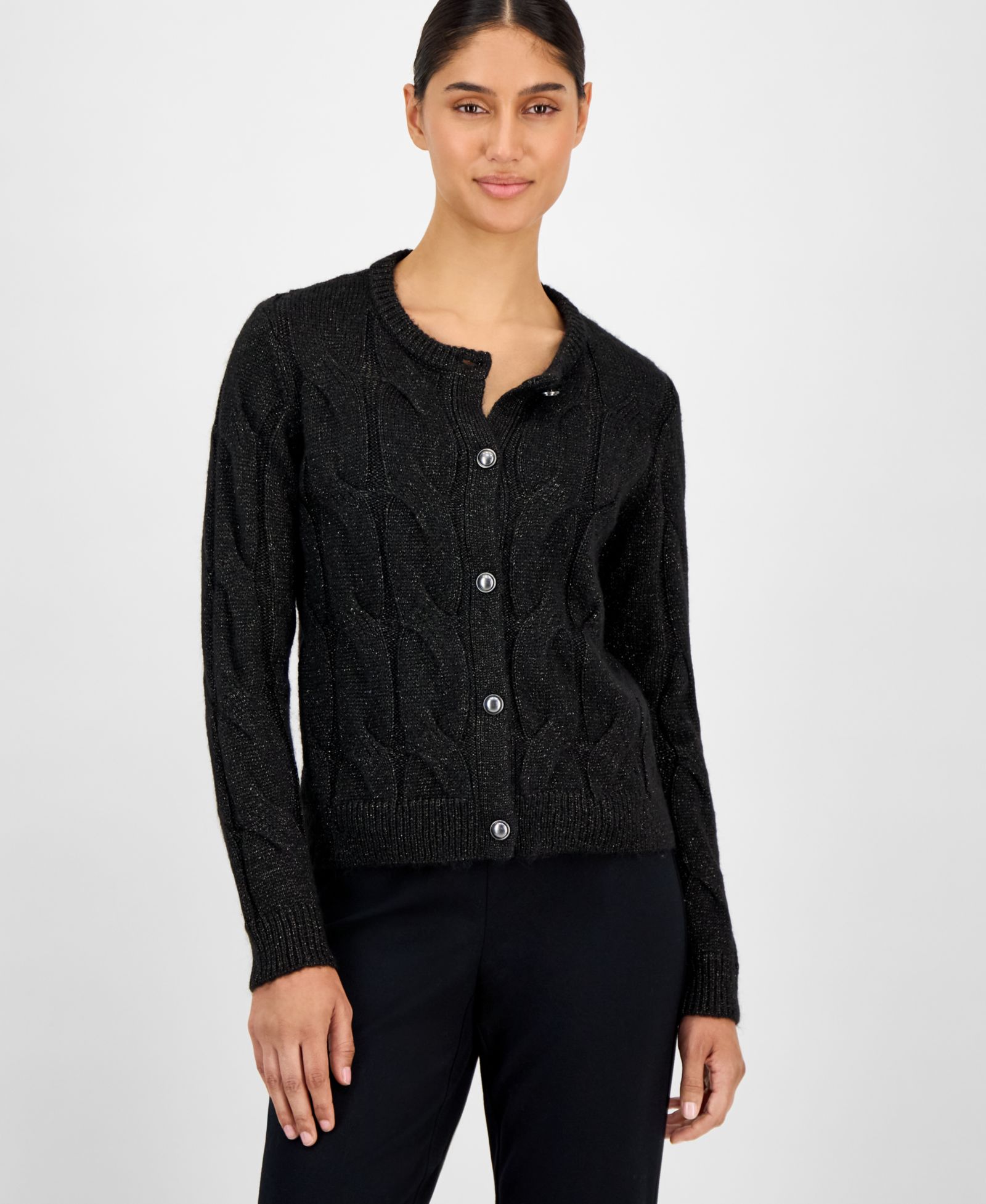 T Tahari Women's Metallic Cable-Knit Cardigan