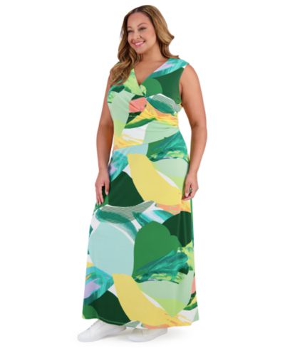 London Times Plus Size Surplice Jersey Maxi Dress