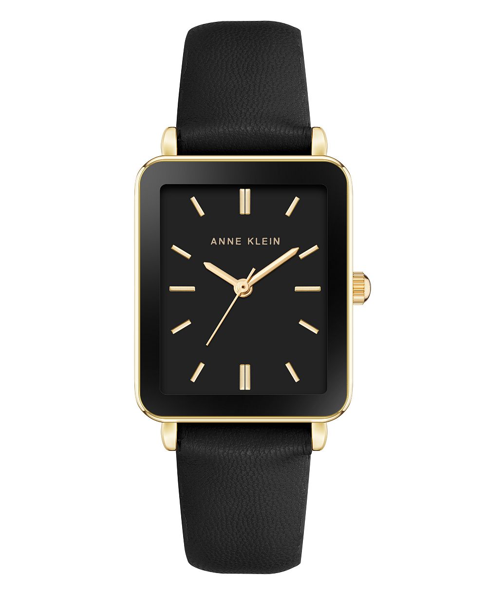 Anne Klein Women's Quartz Rectangular Black Leather and Gold-Tone Metal Alloy Watch, 26mm